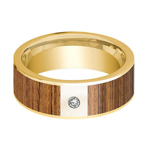 Teak Wood inlay 14k white gold wedding band 8mm with diamond, side profile
