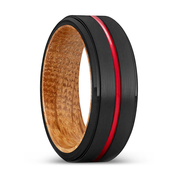 WONDER | Whiskey Barrel Wood, Black Tungsten Ring, Red Groove, Stepped Edge - Rings - Aydins Jewelry - 1
