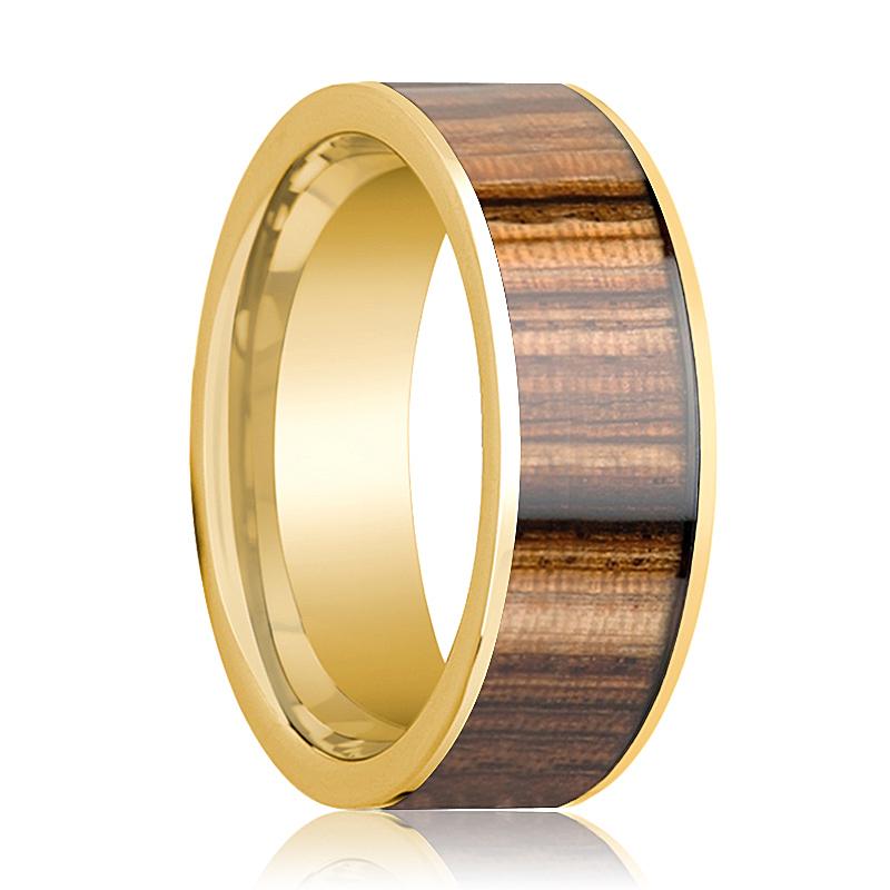 Zebra Wood inlay 14k yellow gold wedding band 8mm, top view
