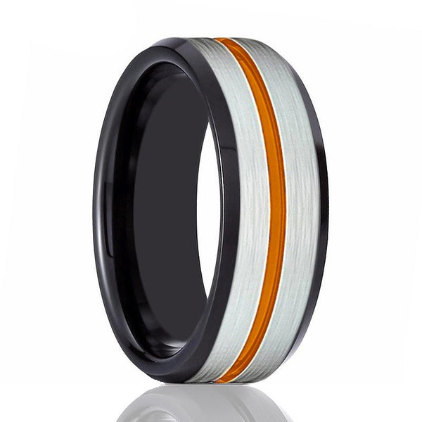 ZORRO | Black Ring, Silver Brushed Orange Groove Black Beveled - Rings - Aydins Jewelry - 1