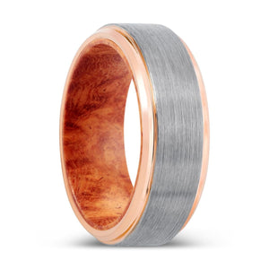 ZYN | Red Burl Wood, Silver Tungsten Ring, Brushed, Rose Gold Stepped Edge - Rings - Aydins Jewelry - 1