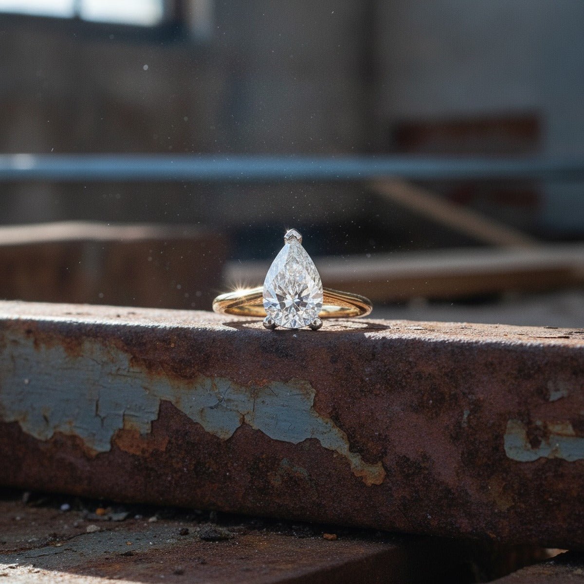 Aydins 1 Carat Pear Lab Grown Diamond Engagement Ring | 10K Two-Tone Gold lifestyle scene, warehouse rust