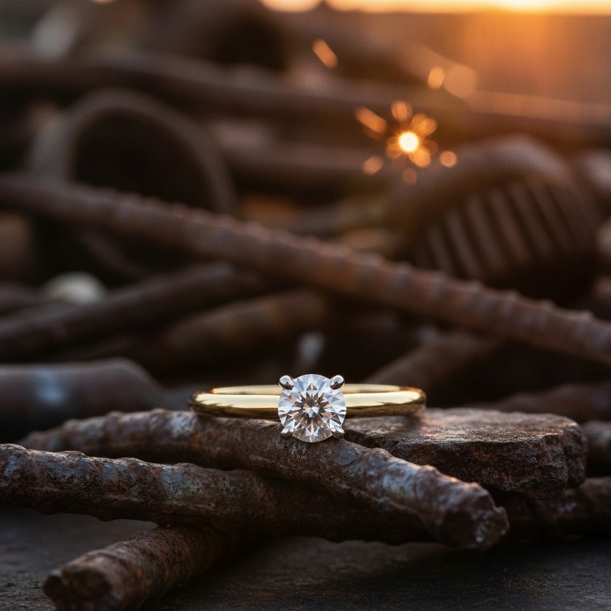 Aydins 1 Carat Round Lab Grown Diamond Engagement Ring | 10K Two-Tone Gold lifestyle scene, junkyard steel