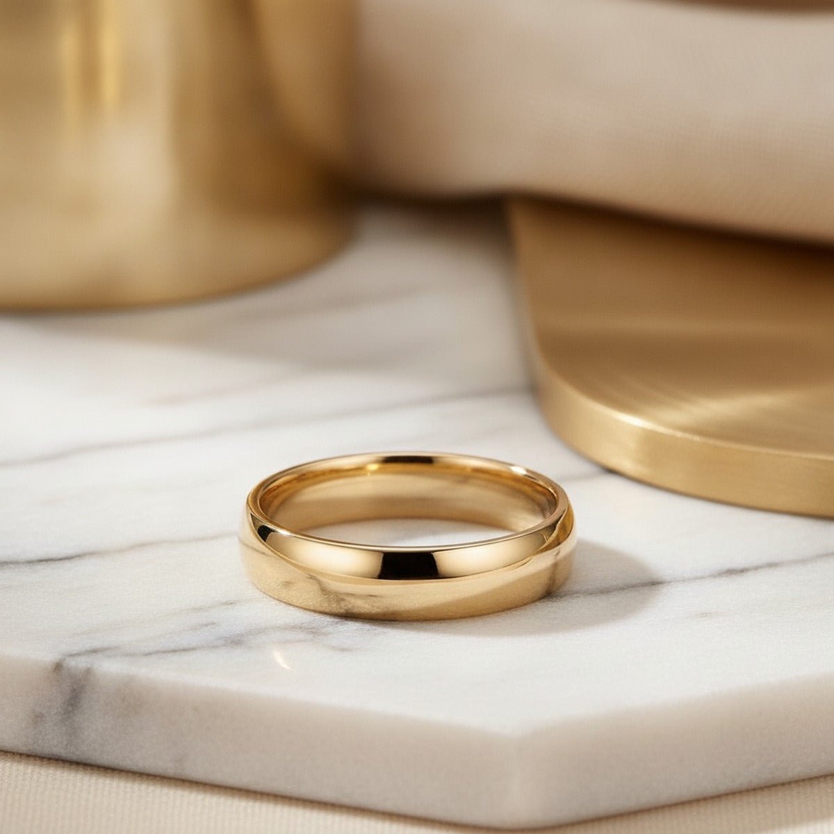 Aydins 10k Gold Comfort Fit Wedding Band, Yellow, White or Rose Gold lifestyle scene, marble minimal
