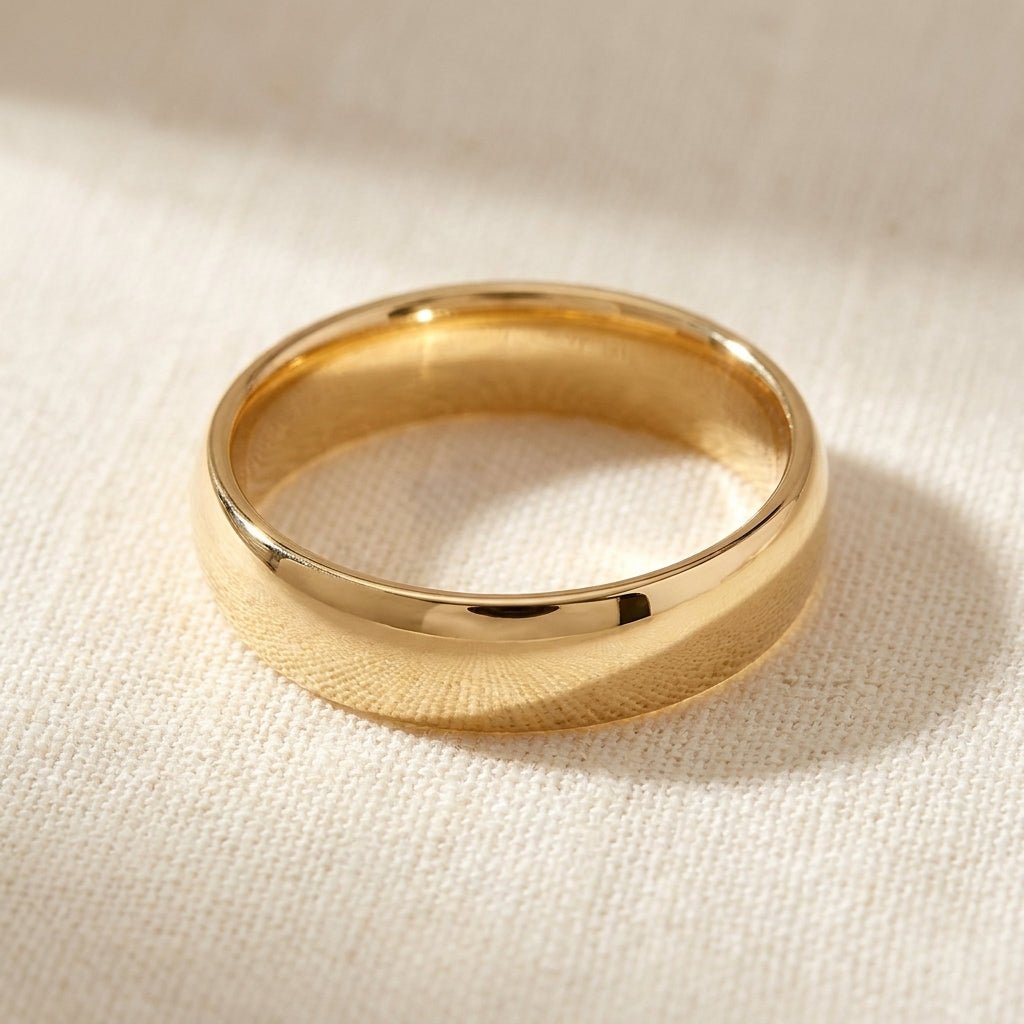 10k Yellow Gold Comfort Fit Wedding Band macro detail overhead flat lay