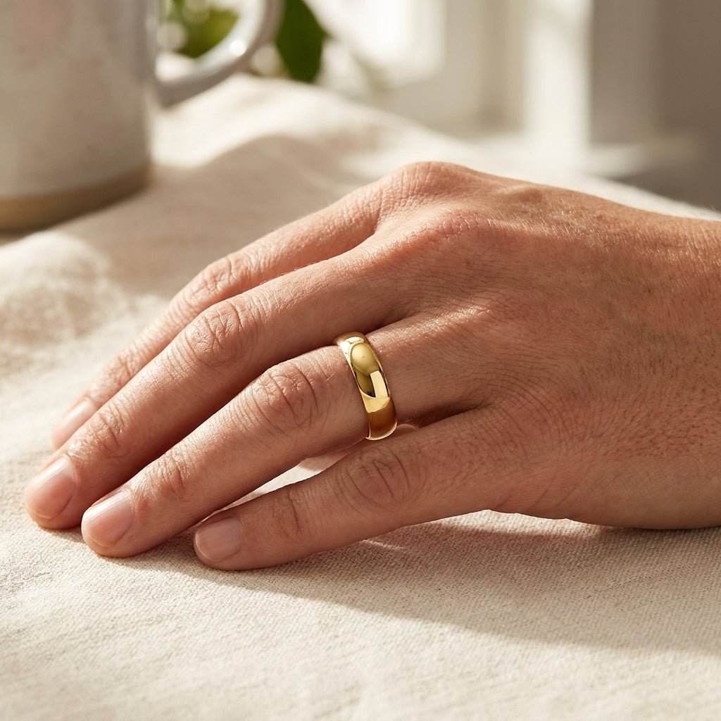 10k Yellow Gold Comfort Fit Wedding Band worn on hand in morning light, lifestyle photo