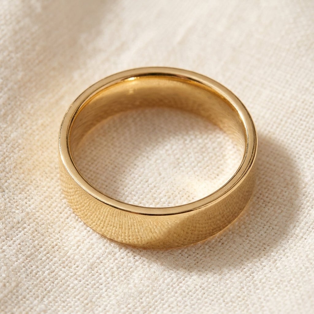 10k Gold Flat Comfort Fit Wedding Band macro detail overhead flat lay