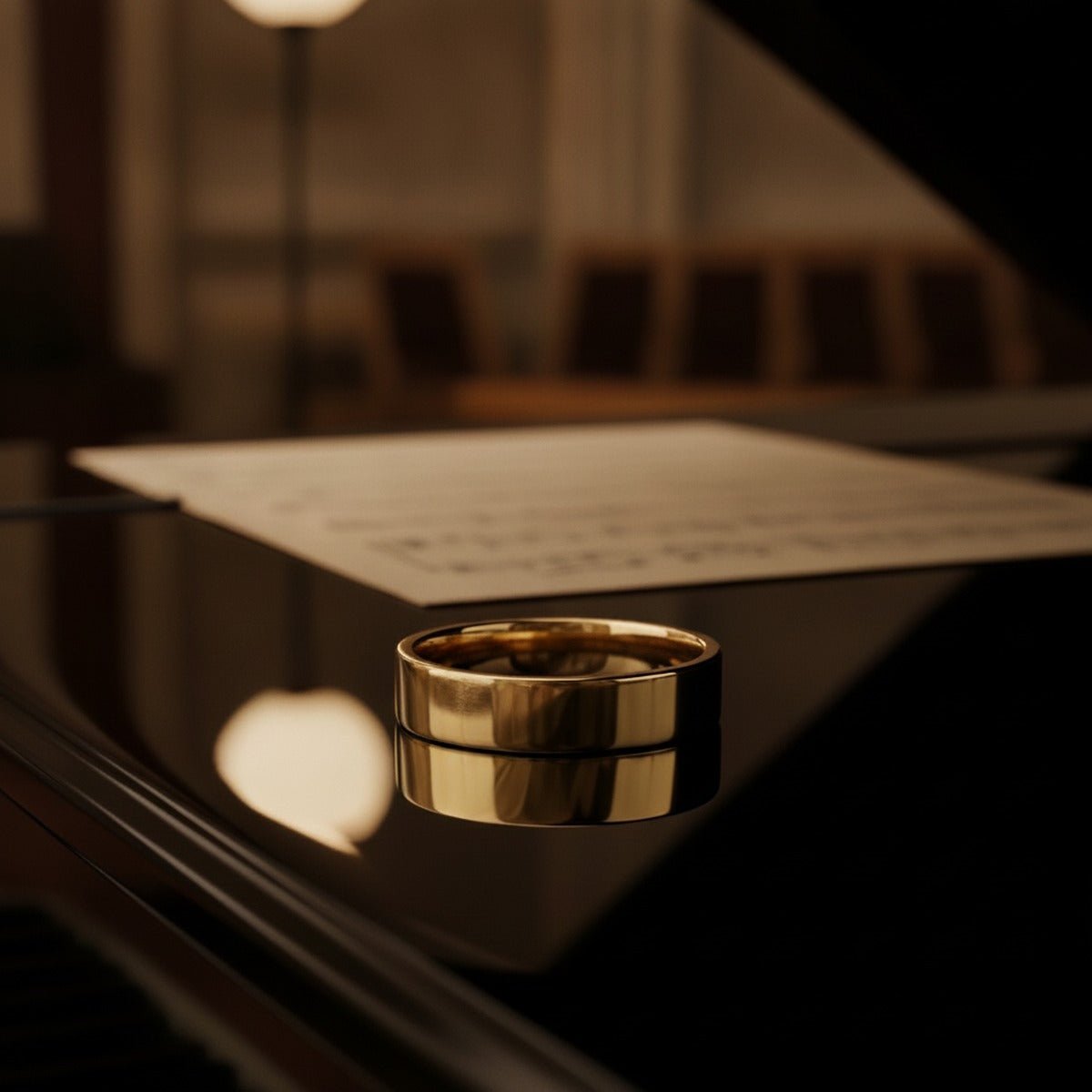 Aydins 10k Gold Flat Comfort Fit Wedding Band, Yellow or White Gold lifestyle scene, piano lacquer