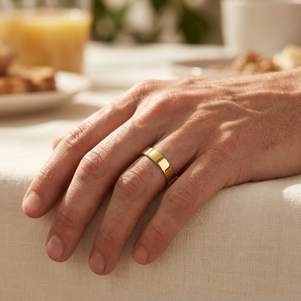 10k Gold Flat Comfort Fit Wedding Band worn on hand, lifestyle photo