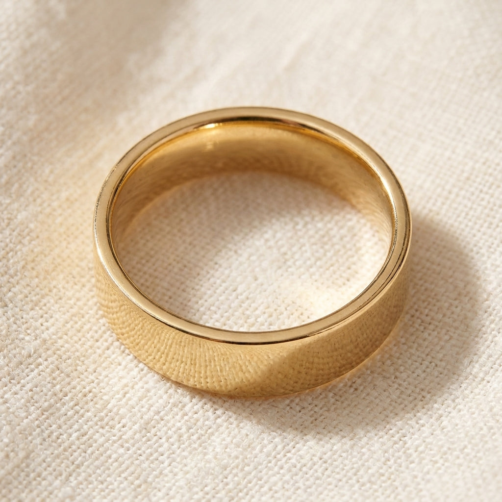 10k Gold Flat Comfort Fit Wedding Band macro detail overhead flat lay