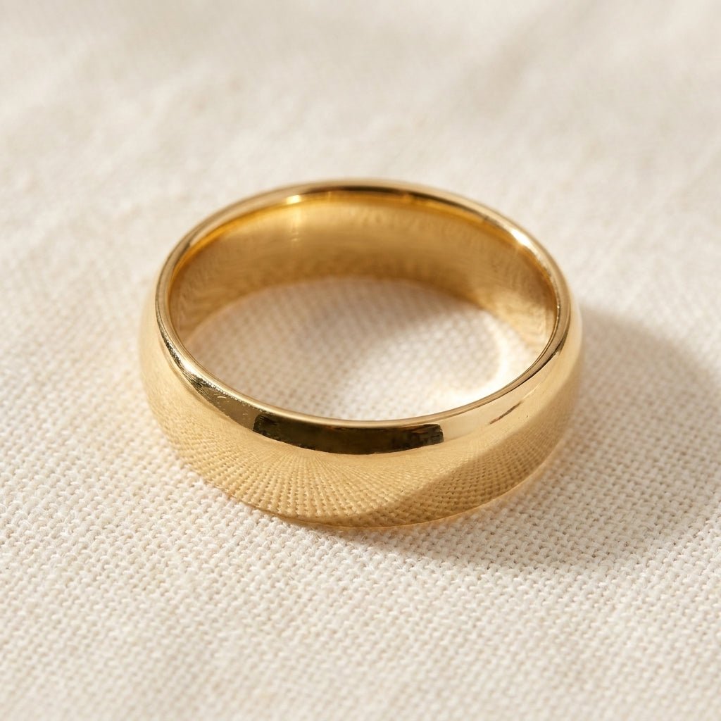 14k Yellow Gold Comfort Fit Wedding Band macro detail overhead flat lay