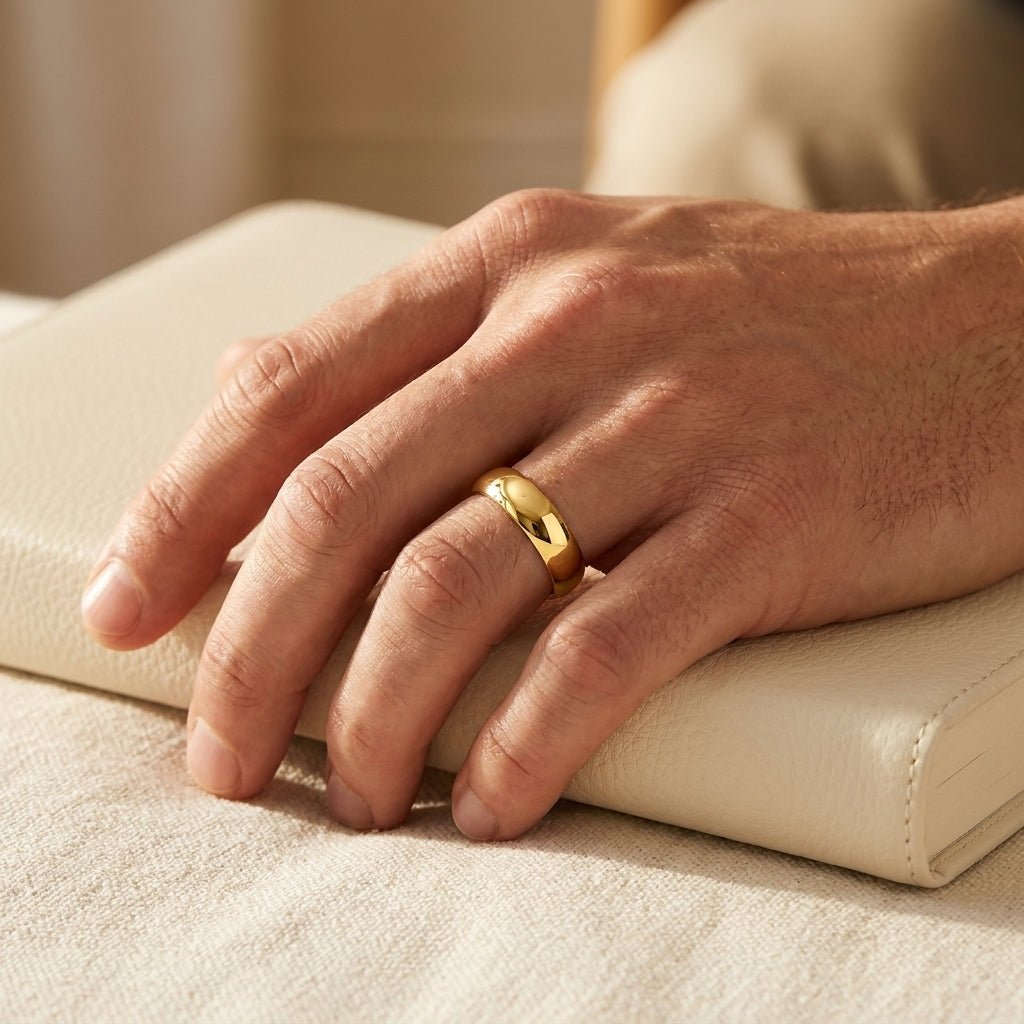 14k Yellow Gold Comfort Fit Wedding Band worn on hand with book, lifestyle photo
