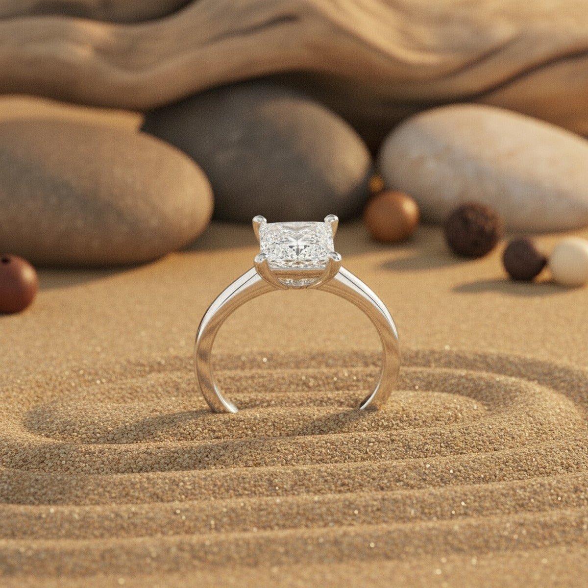 Aydins 1.5 Carat Princess Lab Grown Diamond Engagement Ring | 14K White Gold lifestyle scene, beach zen