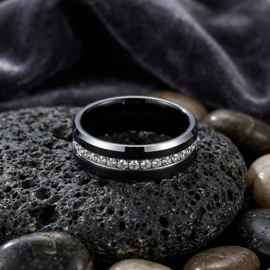 Top-down view of NEMESIS black tungsten ring with white CZ stones channel-set around the band