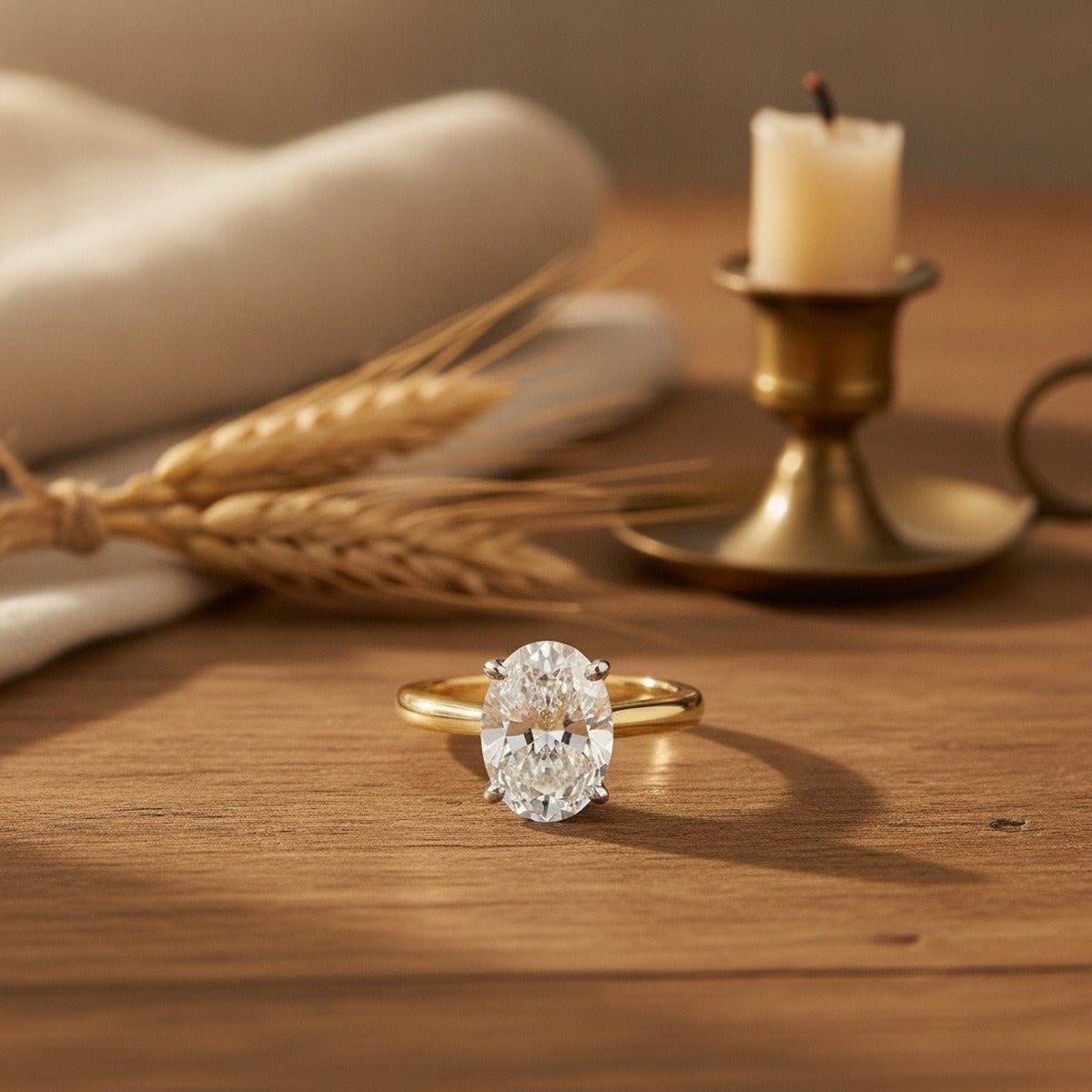 Aydins 2 Carat Oval Lab Grown Diamond Engagement Ring | 10K Two-Tone Gold lifestyle scene, thanksgiving oak