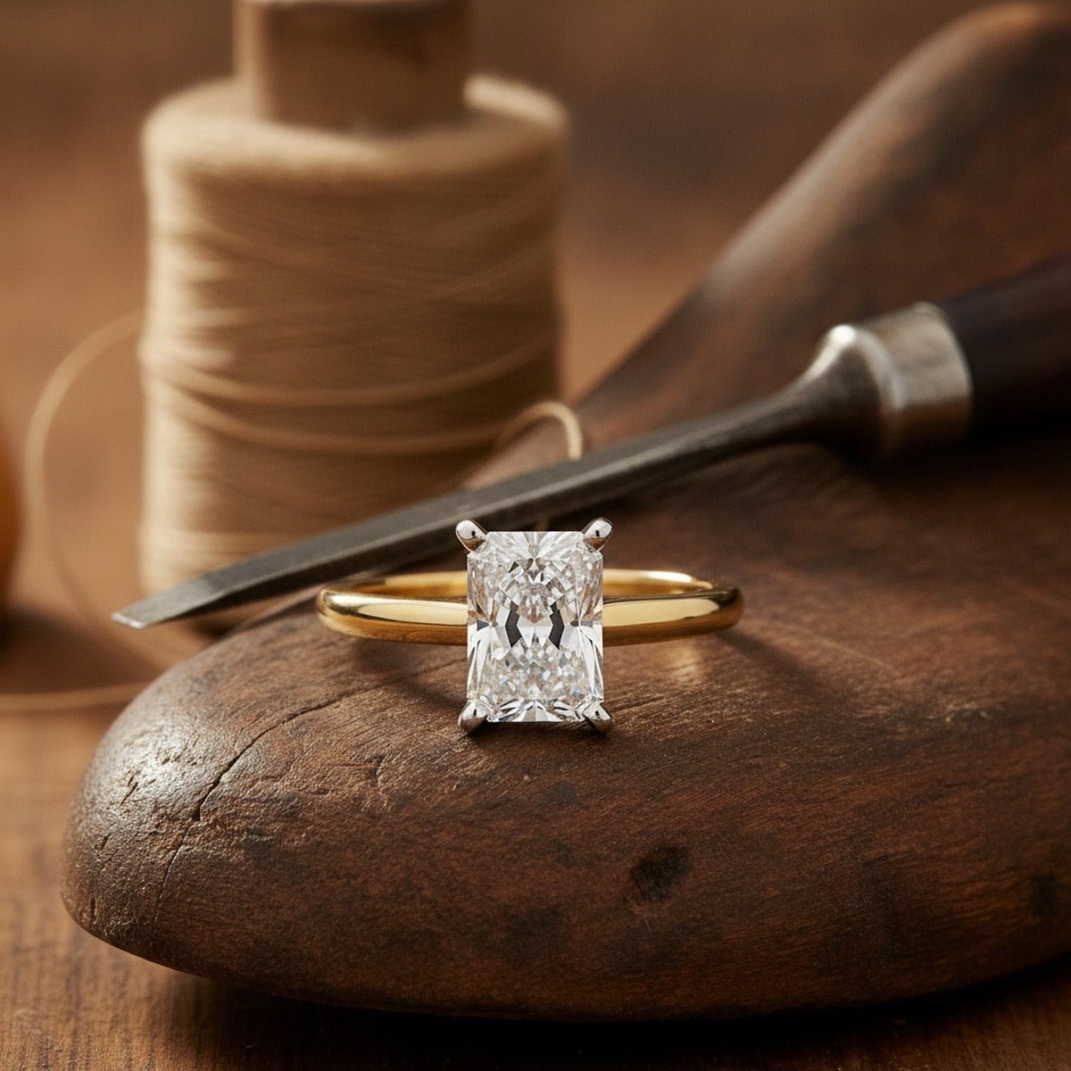 Aydins 2 Carat Radiant Lab Grown Diamond Engagement Ring | 10K Two-Tone Gold lifestyle scene, cobbler lasts