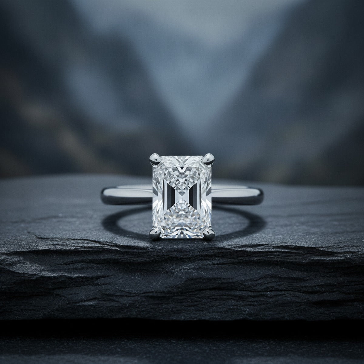 Aydins 2 Carat Radiant Lab Grown Diamond Engagement Ring | 14K White Gold lifestyle scene, slate stone mountain