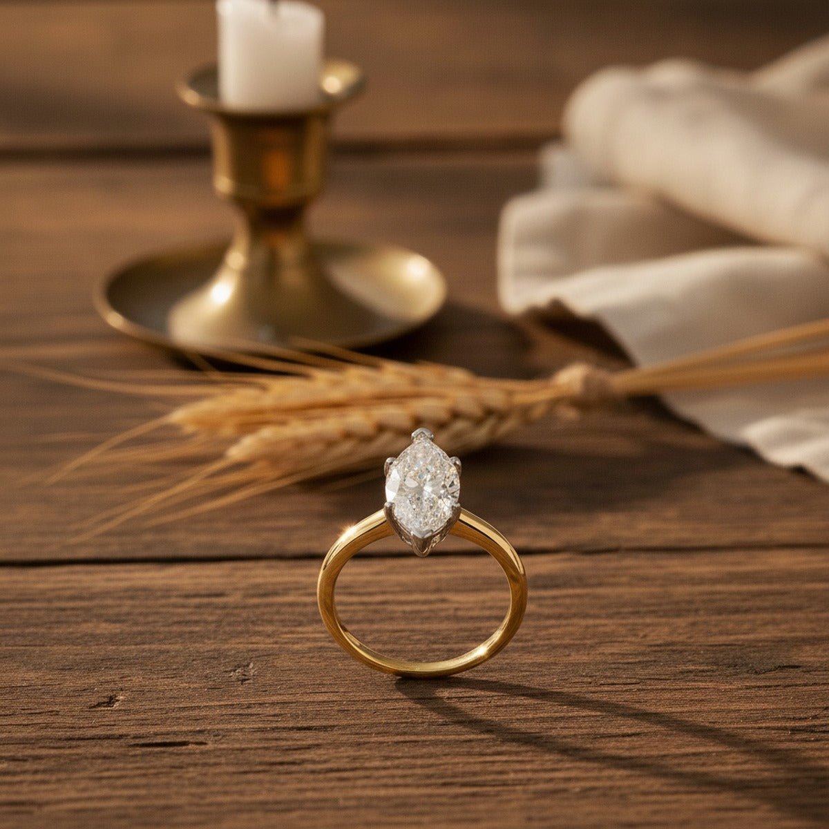 Aydins 2.5 Carat Marquise Lab Grown Diamond Engagement Ring | 10K Two-Tone Gold lifestyle scene, thanksgiving oak