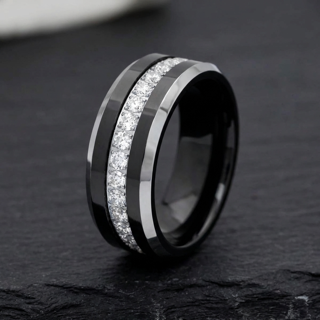 NEMESIS black tungsten men's wedding band, side profile showing cubic zirconia eternity band detail
