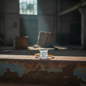 Aydins 3 Carat Princess Lab Grown Diamond Engagement Ring | 14K Two-Tone Gold lifestyle scene, warehouse rust