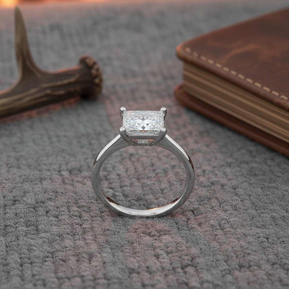 Aydins 3 Carat Princess Lab Grown Diamond Engagement Ring | 14K White Gold lifestyle scene, hunting lodge antler