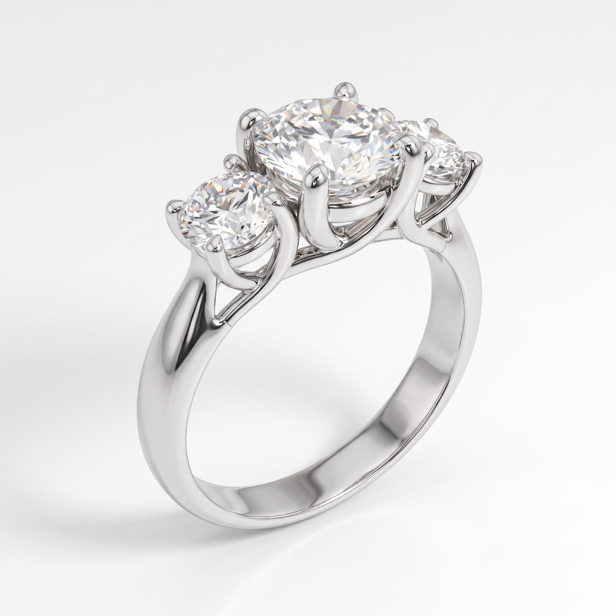 Classic Three Stone Round Diamond Ring, 925 silver diamond ring studio hero photo on white, lab grown diamonds D color VVS