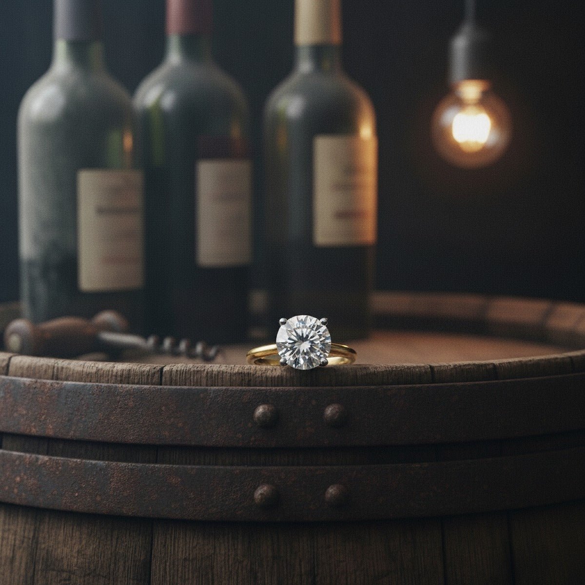 Aydins 4 Carat Round Lab Grown Diamond Engagement Ring | 14K Two-Tone Gold lifestyle scene, wine cellar oak
