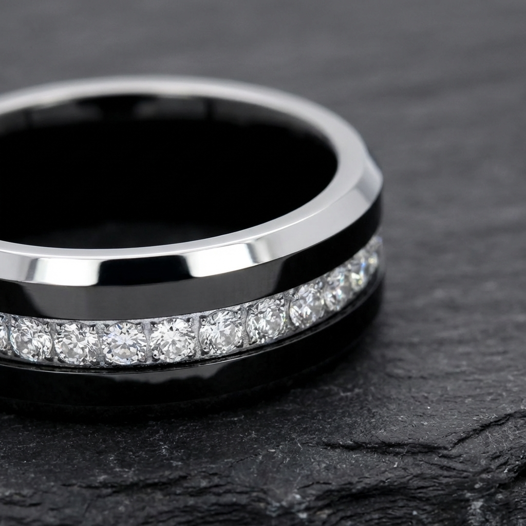 NEMESIS black tungsten wedding band on neutral background, scratch-resistant comfort fit