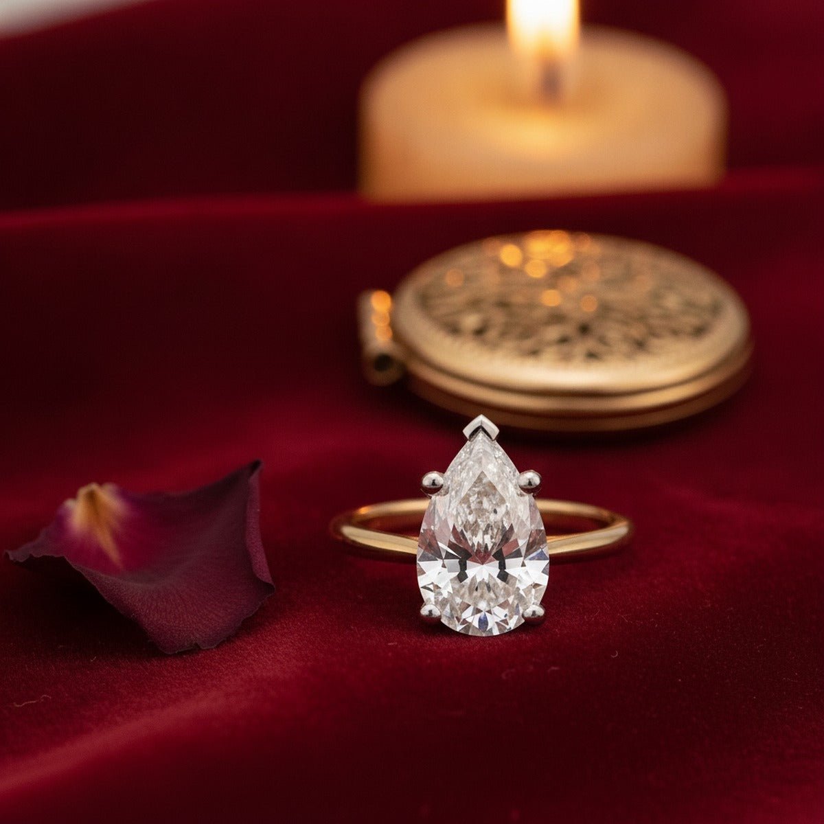 Aydins 5 Carat Pear Lab Grown Diamond Engagement Ring | 14K Two-Tone Gold lifestyle scene, valentine velvet