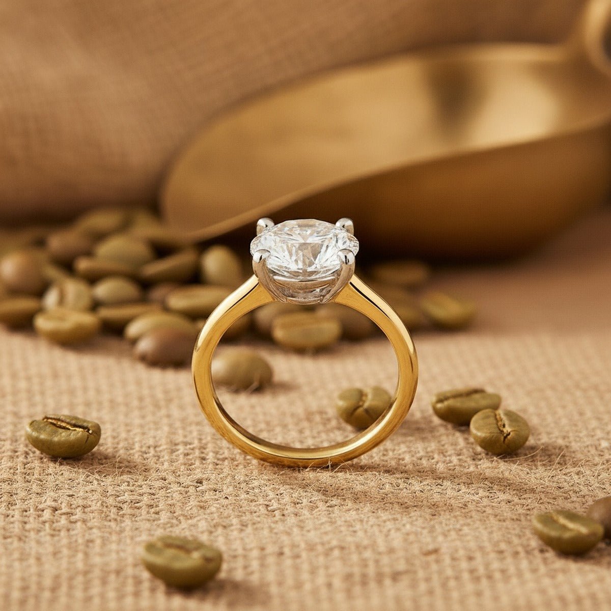 Aydins 5 Carat Round Lab Grown Diamond Engagement Ring | 14K Two-Tone Gold lifestyle scene, coffee roaster