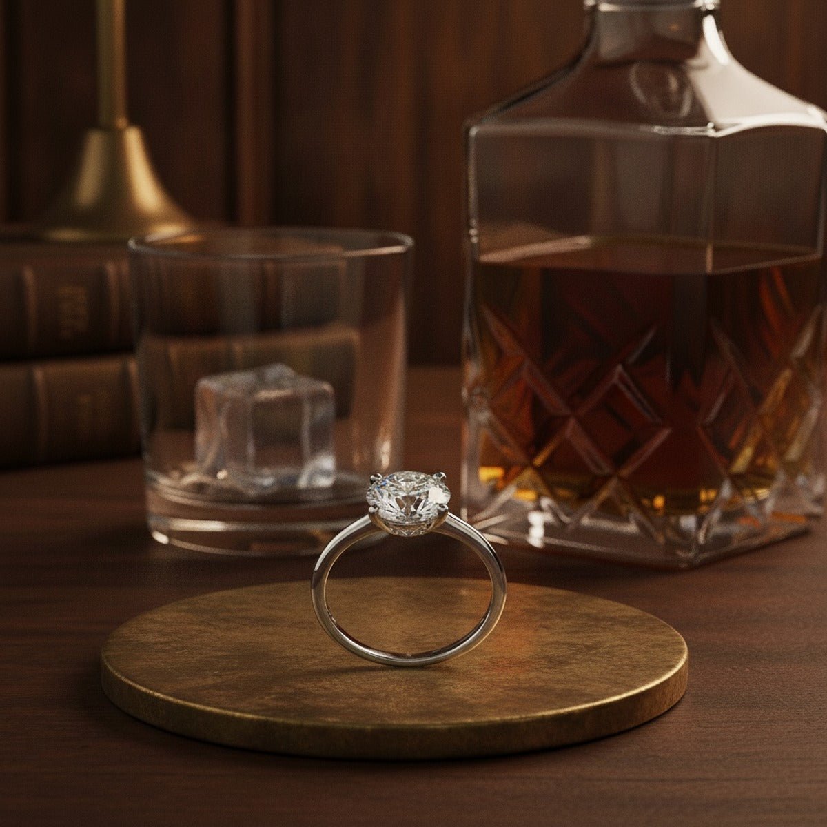 Aydins 5 Carat Round Lab Grown Diamond Engagement Ring | 14K White Gold lifestyle scene, whiskey decanter bar