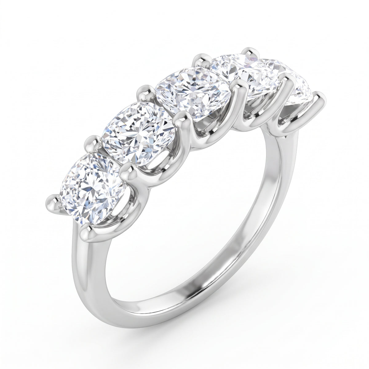 Classic Five Stone Round Diamond Ring, 925 silver diamond ring studio hero photo on white, lab grown diamonds D color VVS
