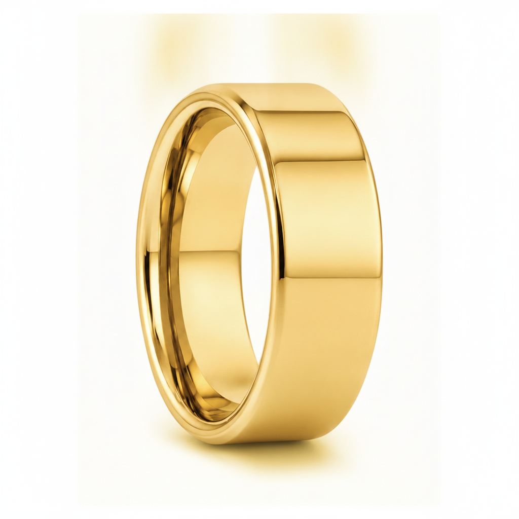 ARI flat polished gold-plated tungsten wedding band, studio hero shot