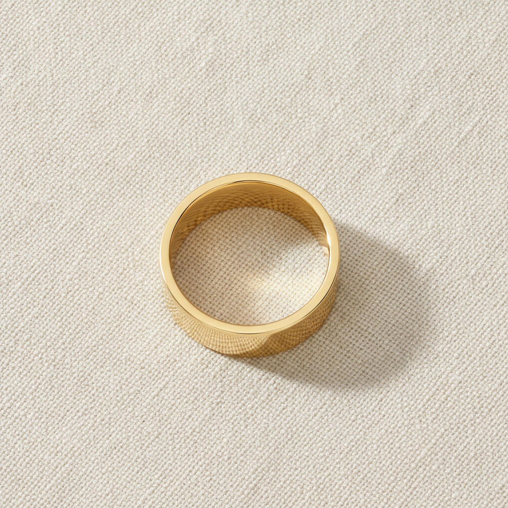 ARI flat polished gold-plated tungsten wedding band macro detail overhead flat lay