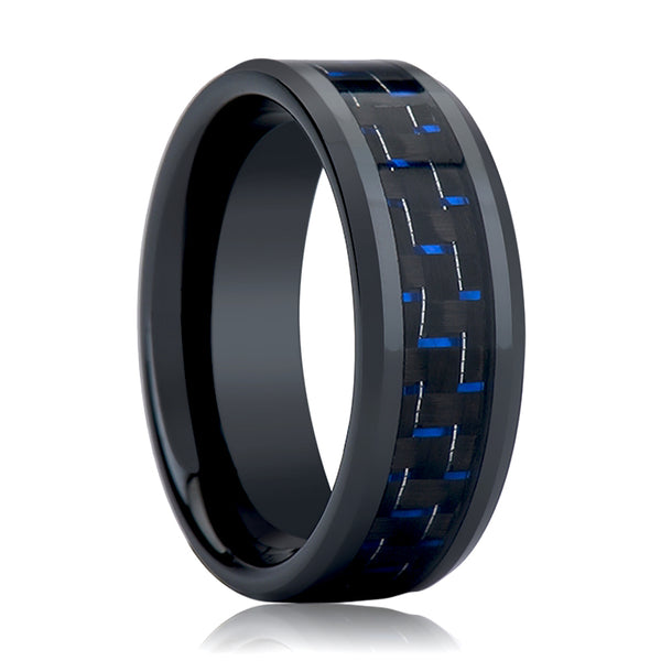 HAWTHORN | Black Tungsten Ring, Blue Carbon Fiber Inlay, Beveled