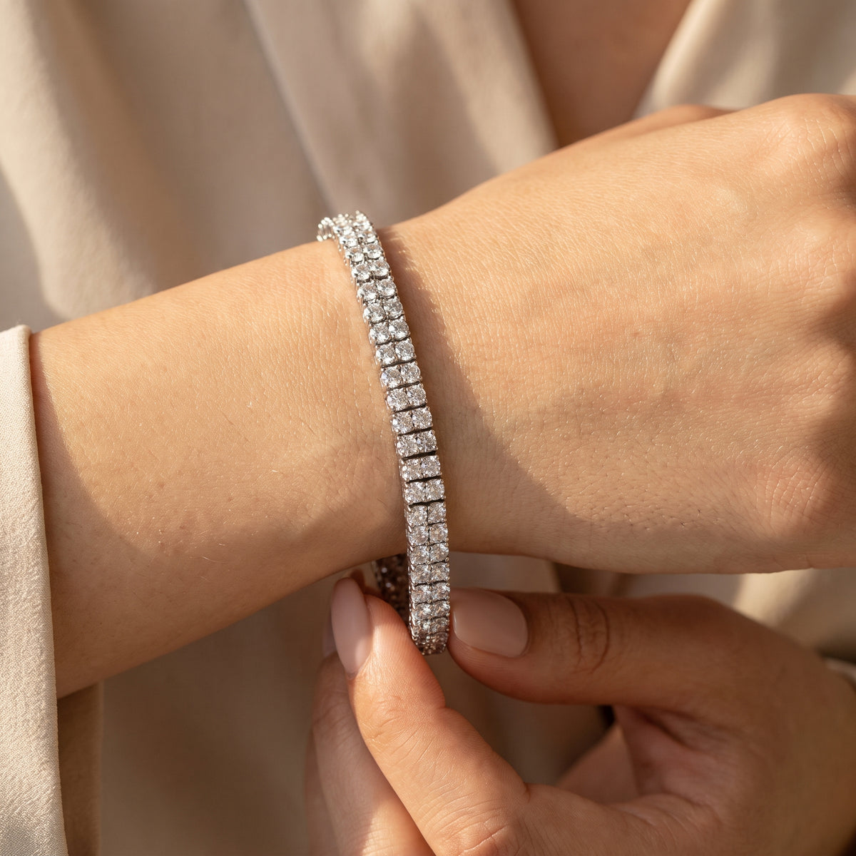 Two Row Diamond Tennis Bracelet, 925 silver diamond bracelet worn on wrist lifestyle photo