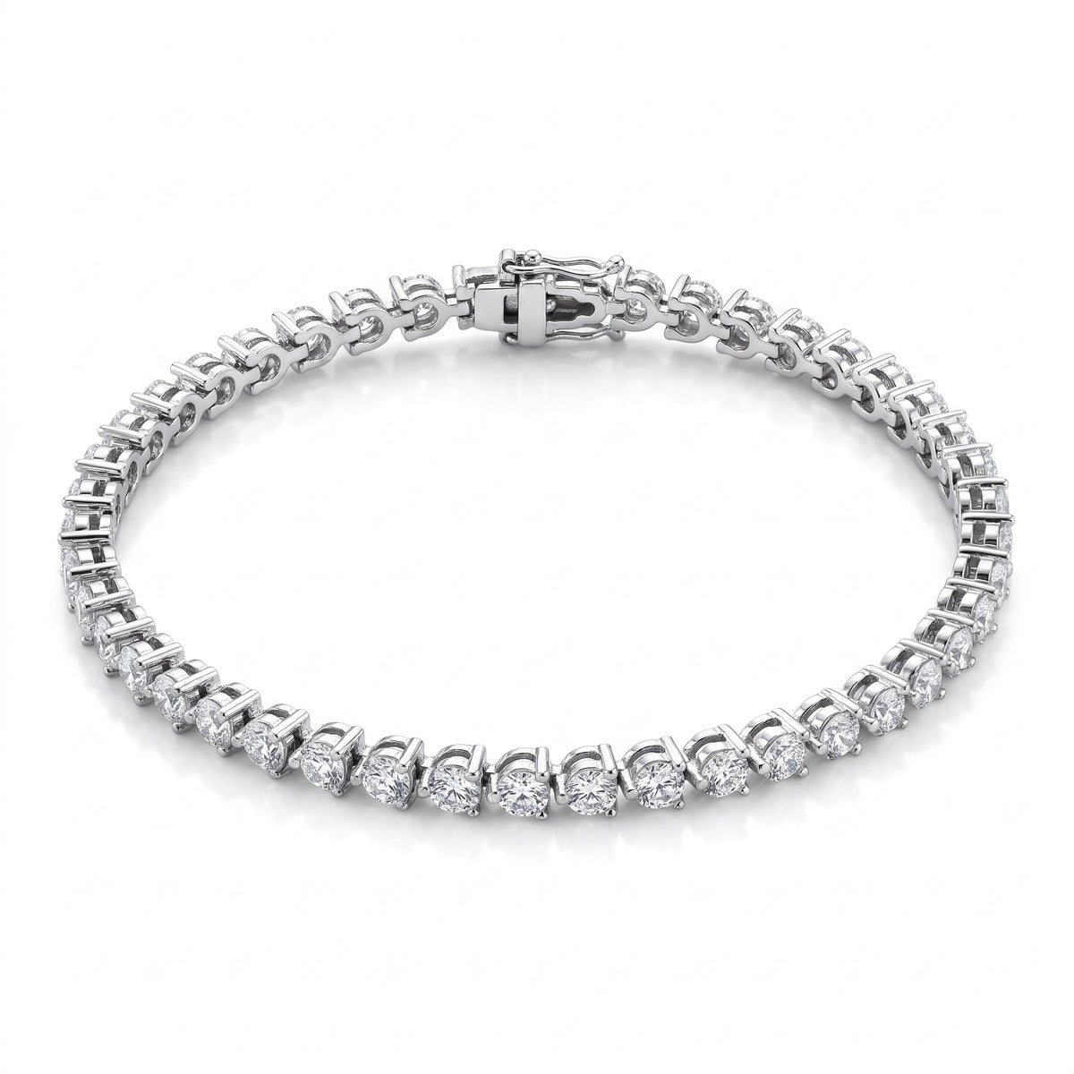Classic Three Prong Tennis Bracelet, 925 silver tennis bracelet studio hero photo on white, lab grown diamonds D color VVS