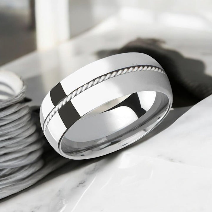 Side view of BALDWYN Tungsten Ring showcasing the braided Palladium 950 inlay
