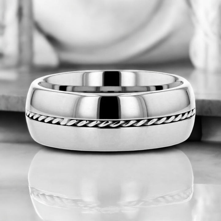 Sophisticated Silver Tungsten Ring with Braided Palladium Inlay - Perfect for Weddings and Anniversaries