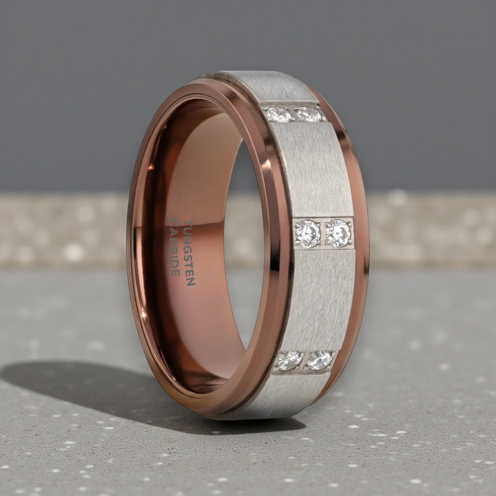 Espresso tungsten carbide wedding band with raised brushed center and diamonds
