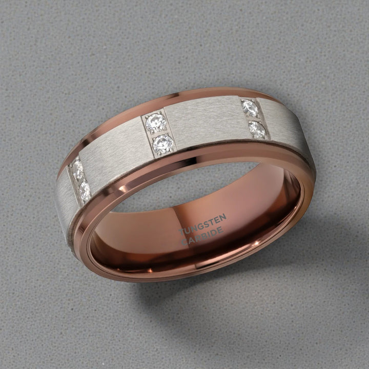 Side view of 8 mm espresso tungsten ring with channel set diamonds