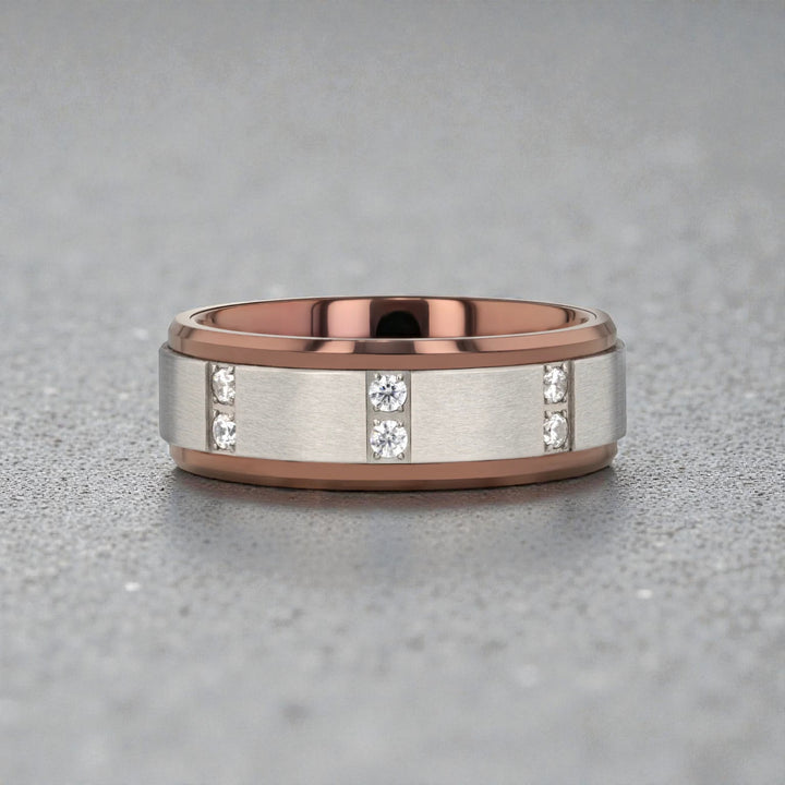 Close up of channel set diamonds on espresso tungsten ring