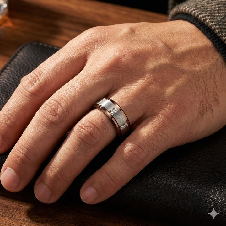 Espresso tungsten carbide wedding band with raised brushed center and diamonds on a mans ring finger.