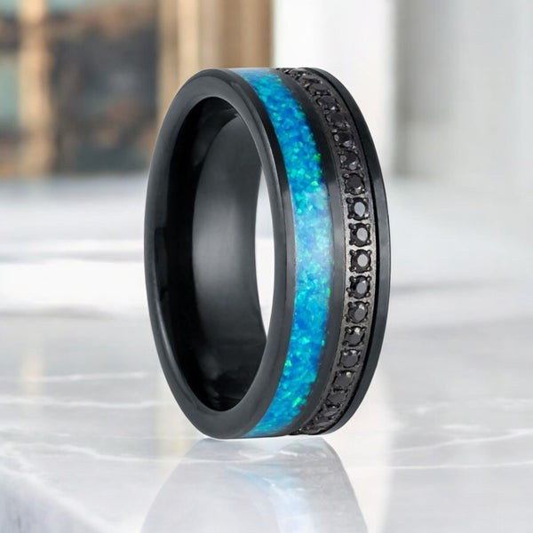 AQUORION Black Tungsten Ring with Blue Opal Inlay and CZ Eternity Channel - Aydins Jewelry.