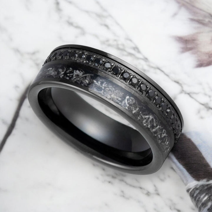 Unique TITANOIR black tungsten ring for weddings, anniversaries, and bold style.