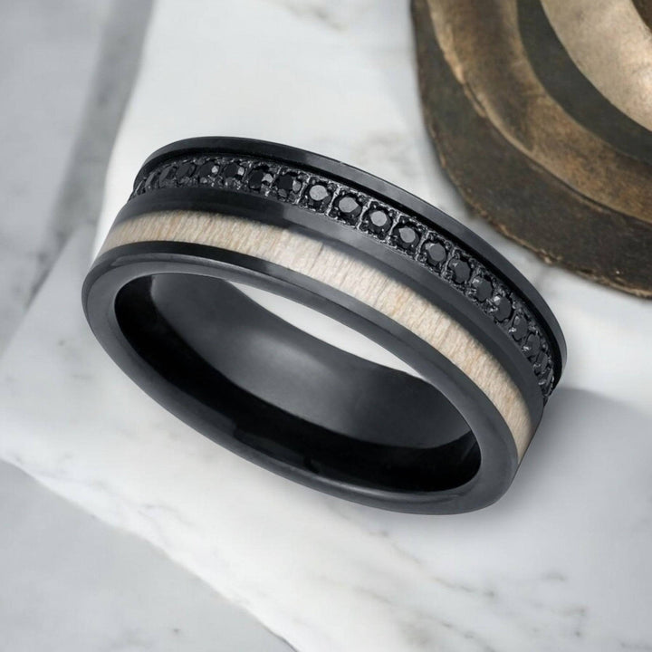 Comfort-fit NIGHTMERE tungsten ring with polished finish and intricate inlays.