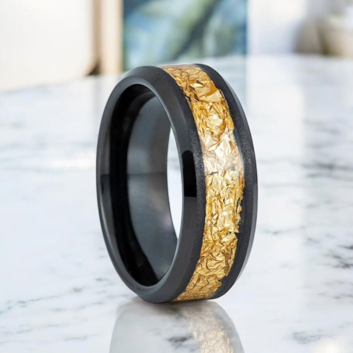 ZORYN black tungsten ring with gold foil inlay and beveled edges - Aydins Jewelry.