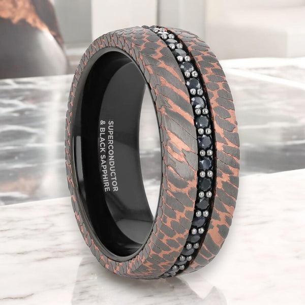 CHARGER Black Tungsten Ring with superconductor finish and black sapphire accents by Aydins Jewelry.