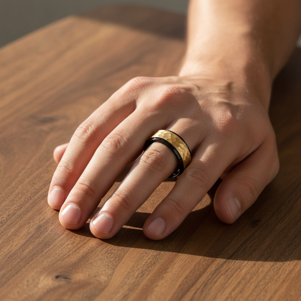 CREED black tungsten wedding band with raised hammered gold-plated finish worn on man's hand resting on walnut table, lifestyle photo
