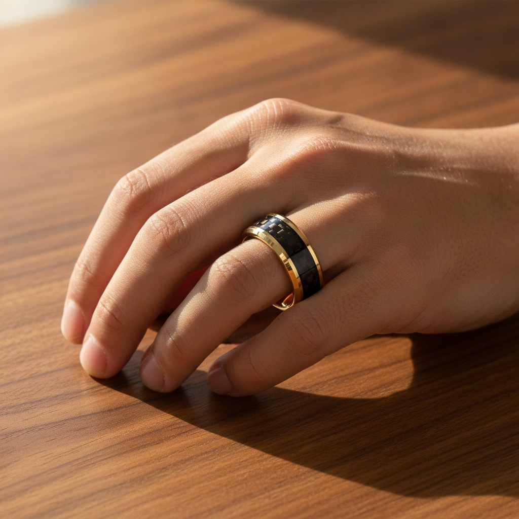 DECIMUS gold-plated tungsten carbide wedding band with black carbon fiber inlay worn on man's hand resting on walnut table, lifestyle photo